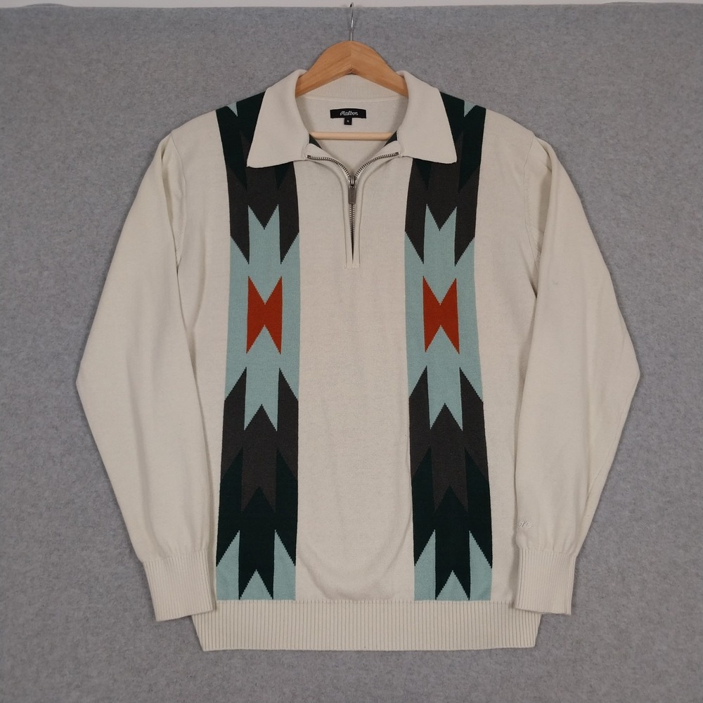 Malbon Sweater Mens Small Cream Quarter Zip Sundance Intarsia Knit Aztec Polo